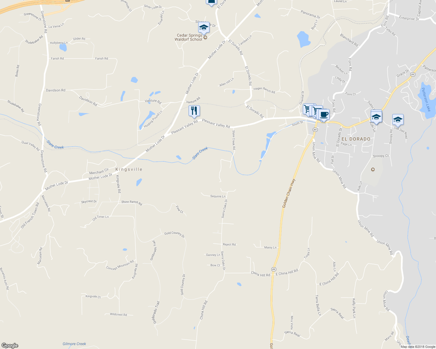 map of restaurants, bars, coffee shops, grocery stores, and more near 4990 Slate Creek Road in El Dorado County
