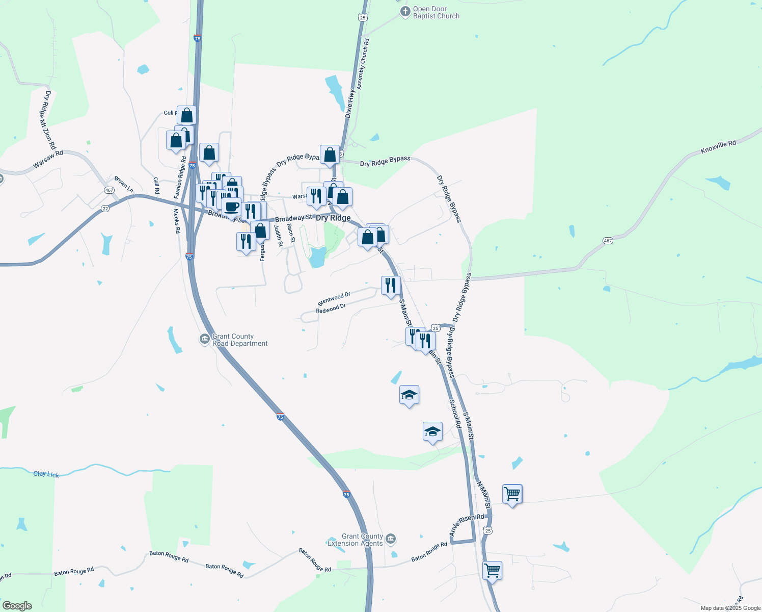 map of restaurants, bars, coffee shops, grocery stores, and more near 23 Kings Drive in Dry Ridge