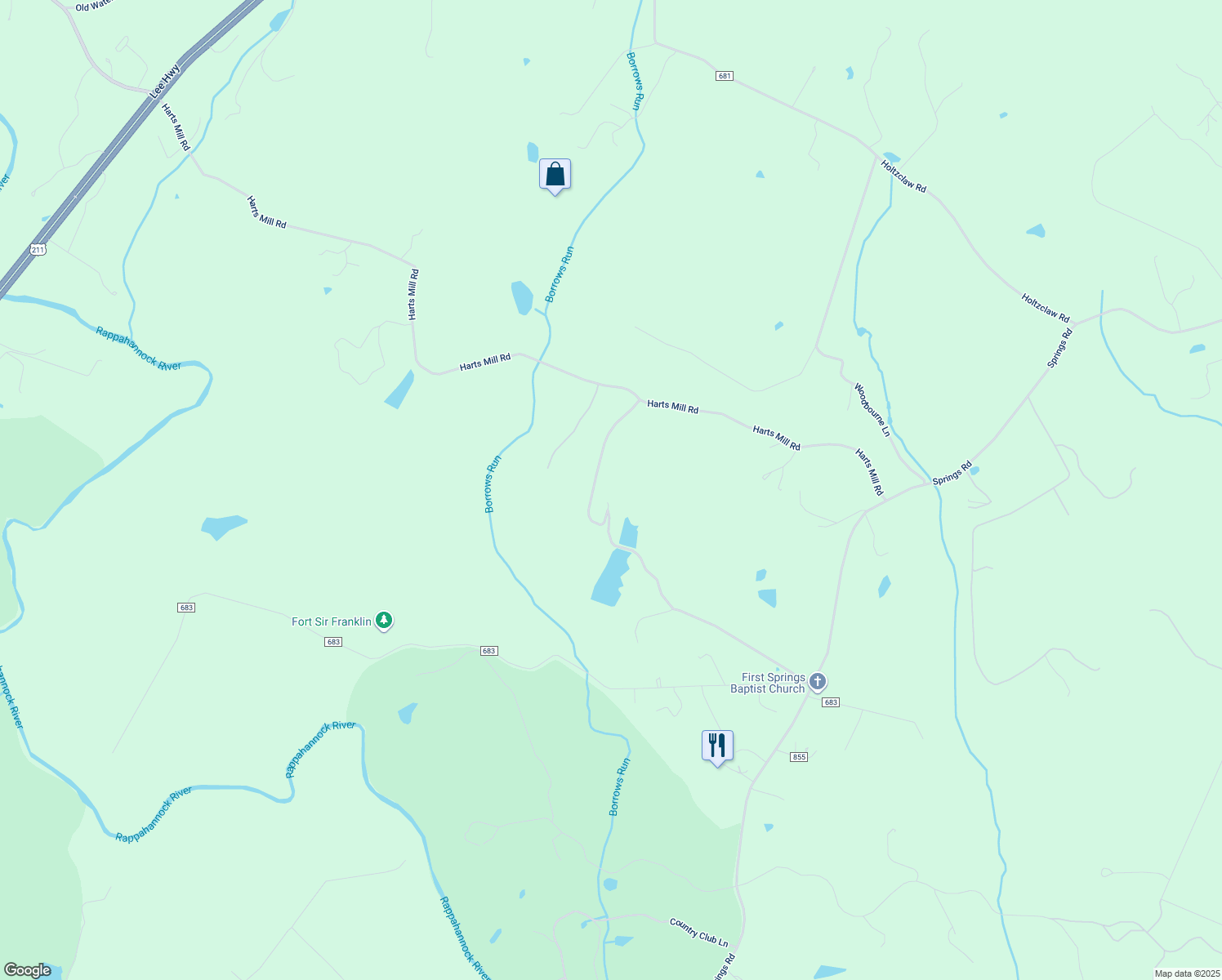 map of restaurants, bars, coffee shops, grocery stores, and more near 8543 Harts Mill Road in Warrenton