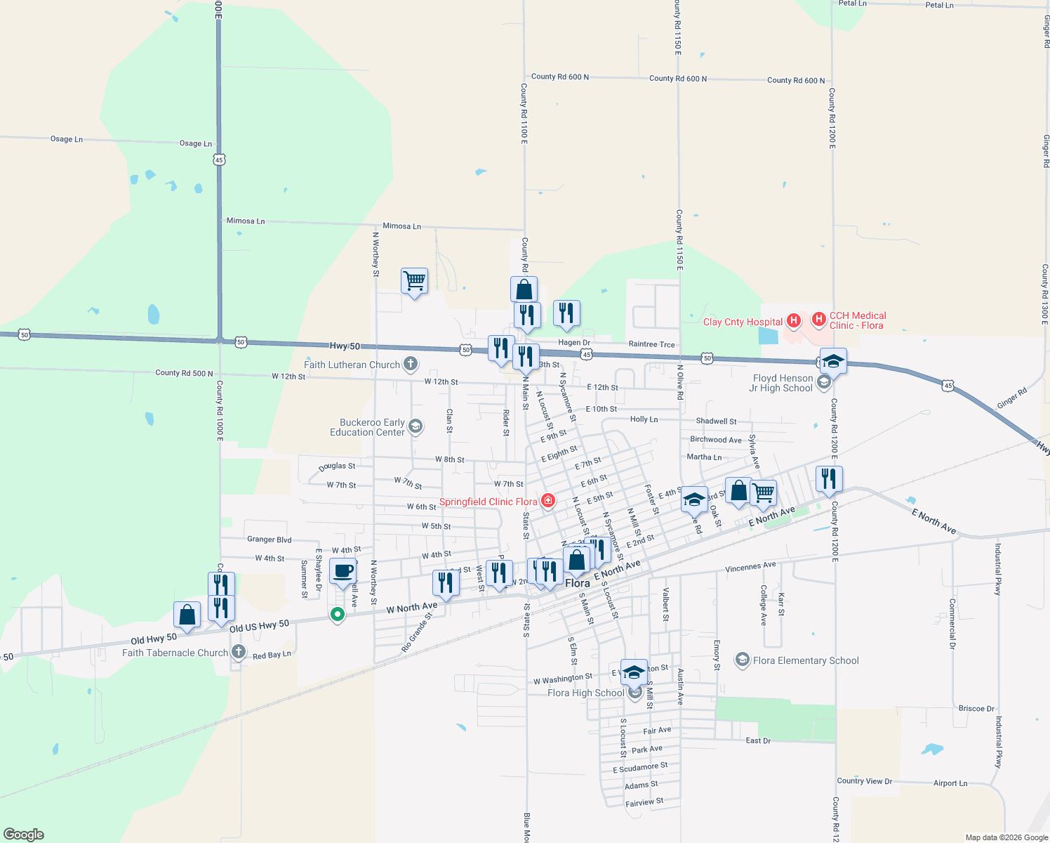 map of restaurants, bars, coffee shops, grocery stores, and more near 1033 North State Road in Flora
