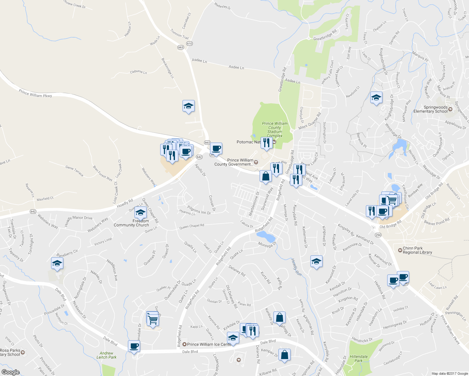 map of restaurants, bars, coffee shops, grocery stores, and more near 4931 Chaste Tree Place in Woodbridge
