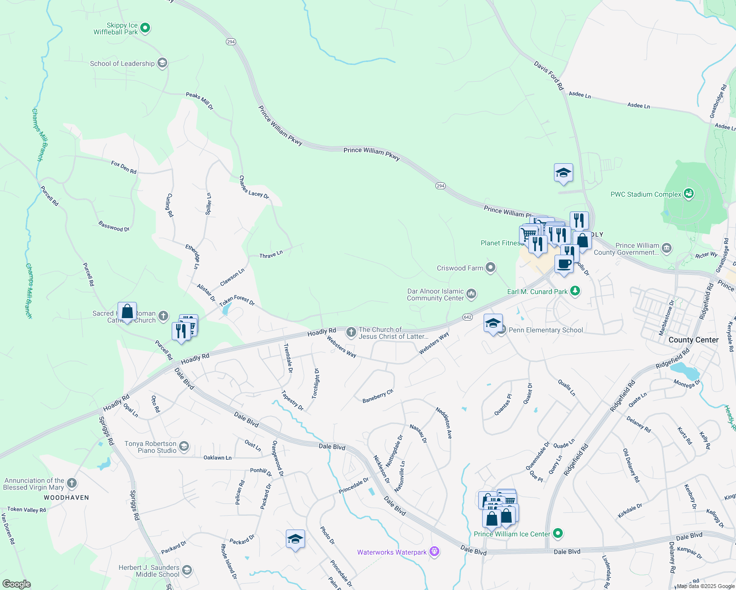 map of restaurants, bars, coffee shops, grocery stores, and more near 5964 Maxfield Ct in Manassas