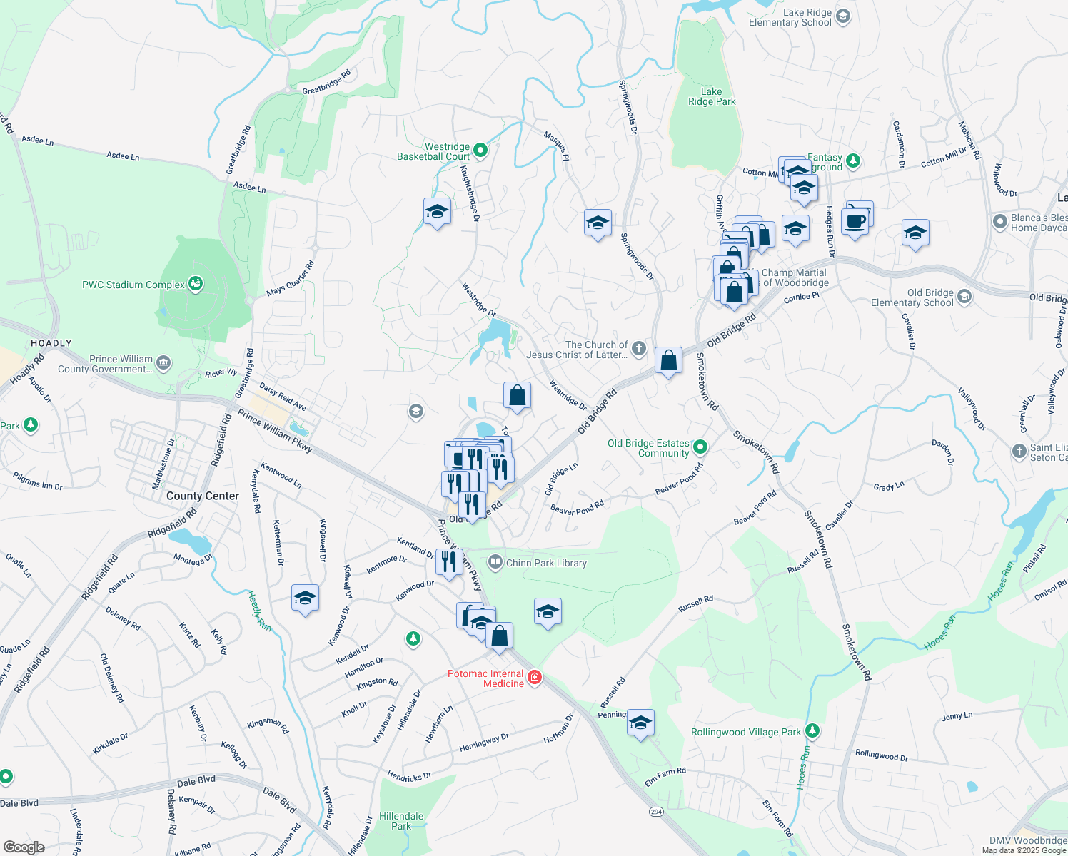 map of restaurants, bars, coffee shops, grocery stores, and more near 12758 Bombay Way in Woodbridge