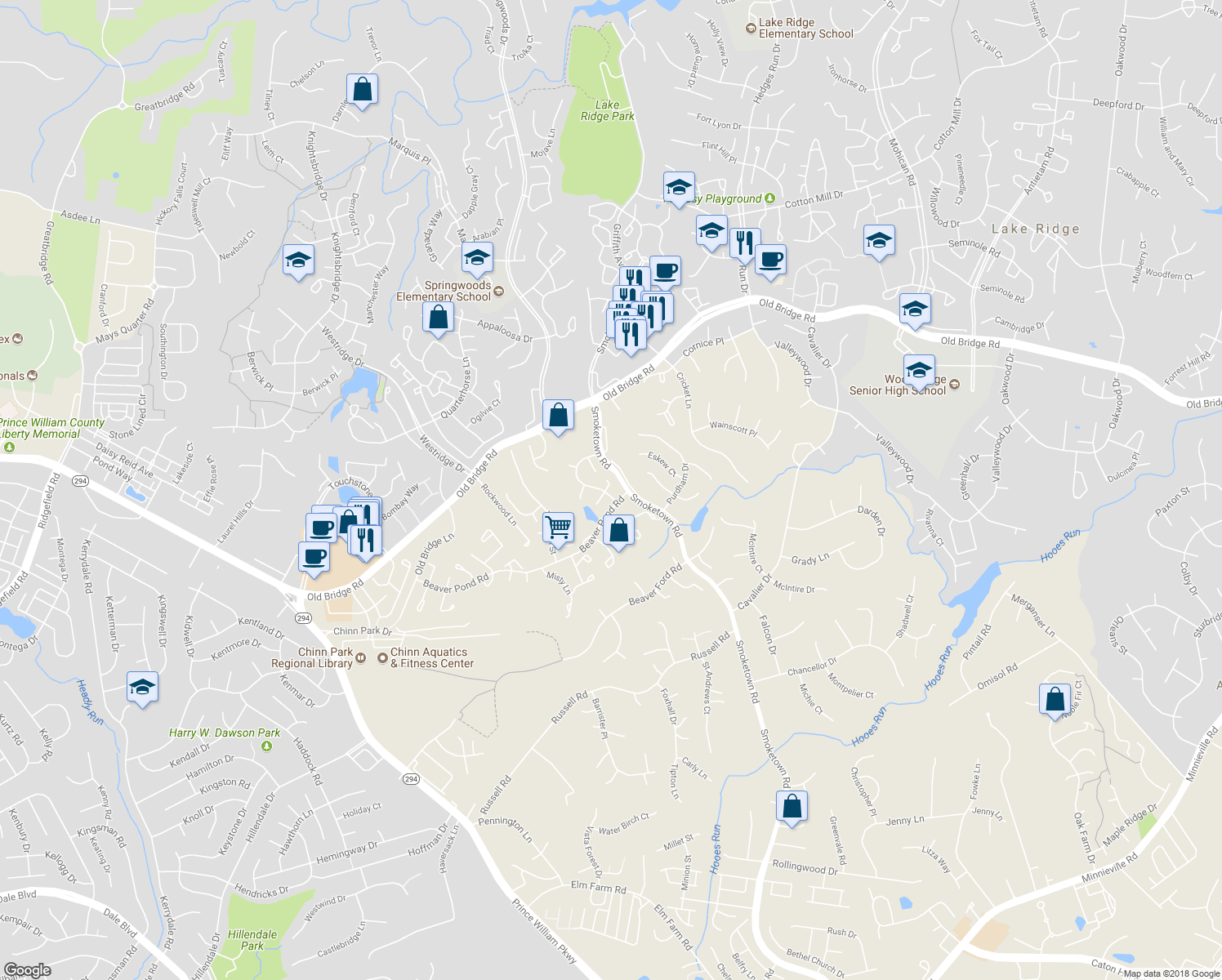 map of restaurants, bars, coffee shops, grocery stores, and more near 12697 Catawba Drive in Woodbridge