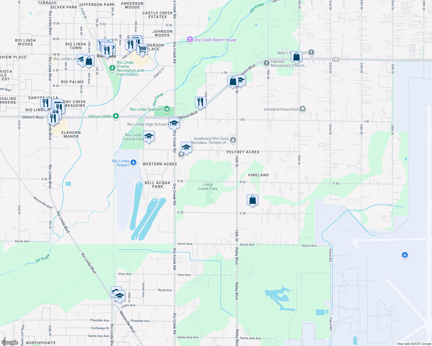 map of restaurants, bars, coffee shops, grocery stores, and more near 1421 E Street in Rio Linda