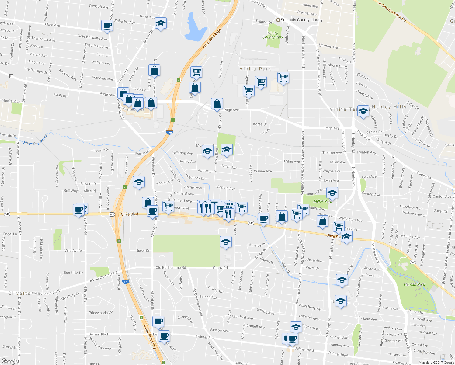 map of restaurants, bars, coffee shops, grocery stores, and more near 8104 Braddock Drive in University City
