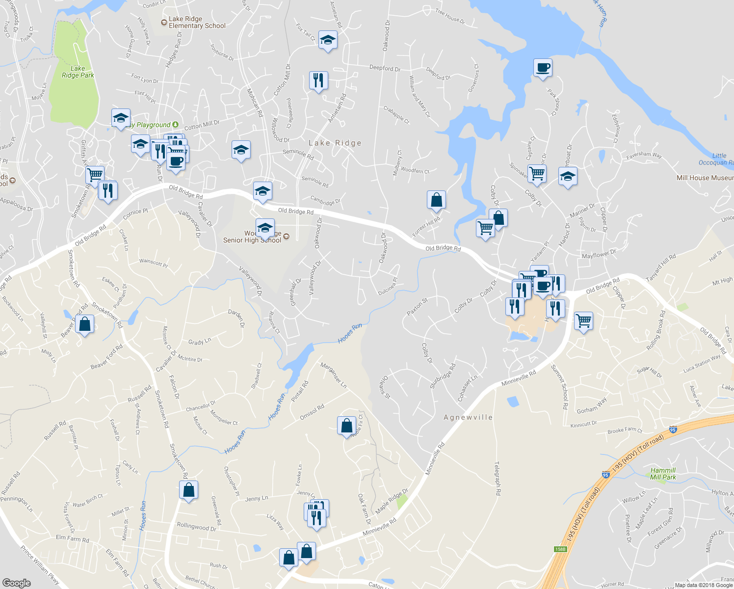 map of restaurants, bars, coffee shops, grocery stores, and more near 12671 Castile Court in Woodbridge