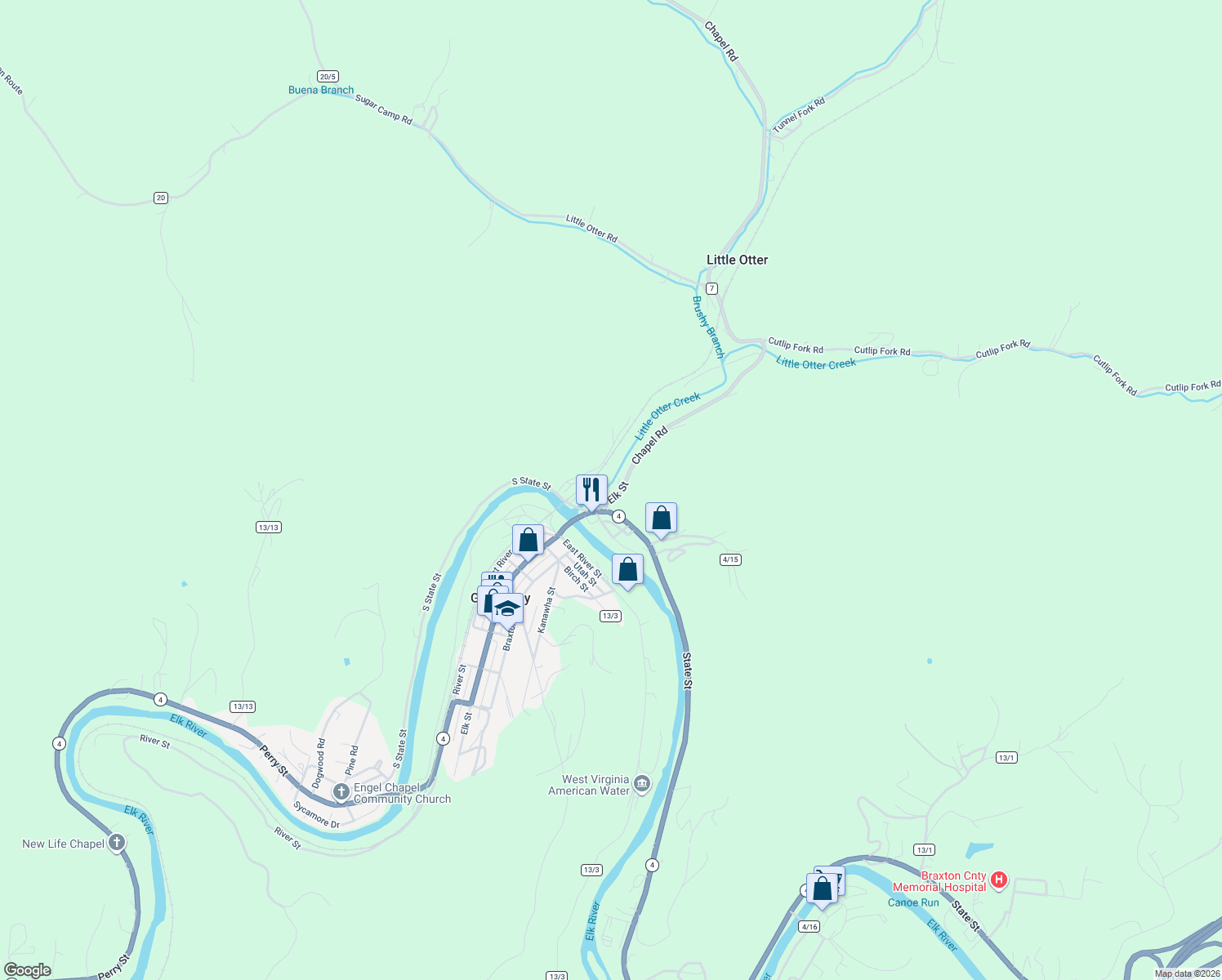 map of restaurants, bars, coffee shops, grocery stores, and more near 151 N Elk St in Gassaway