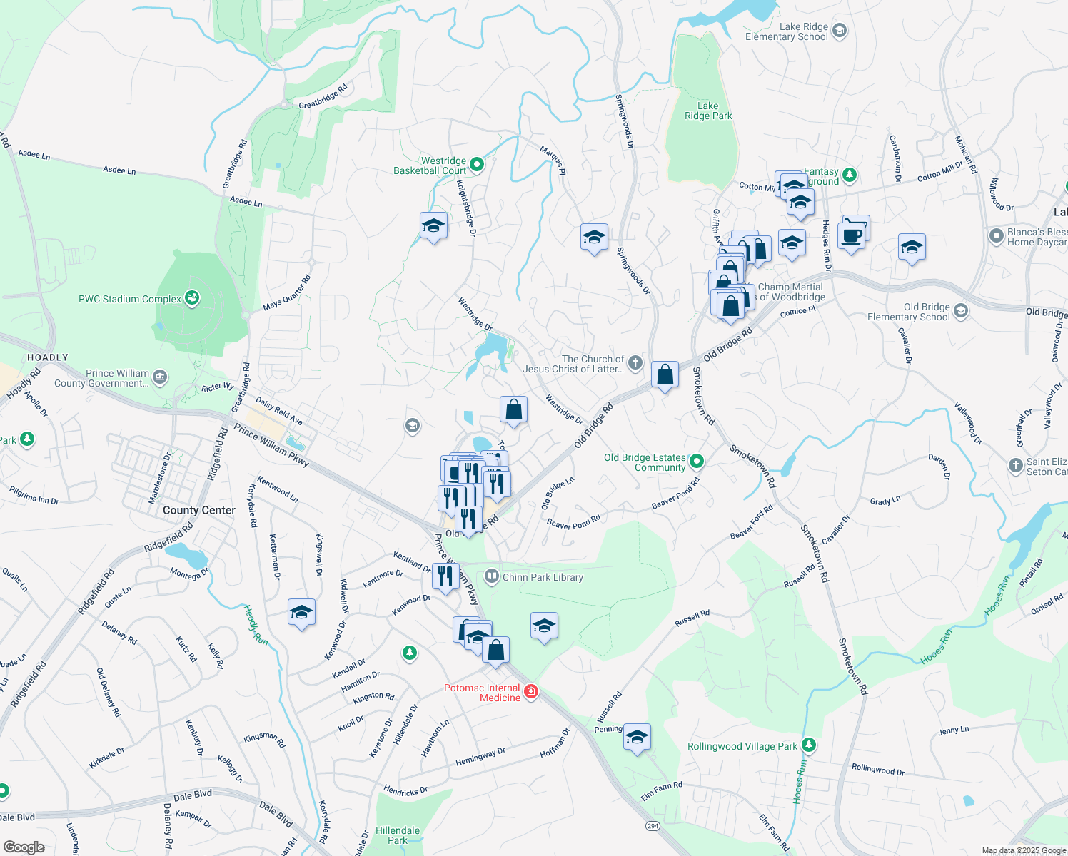 map of restaurants, bars, coffee shops, grocery stores, and more near 4014 Cairo Place in Woodbridge