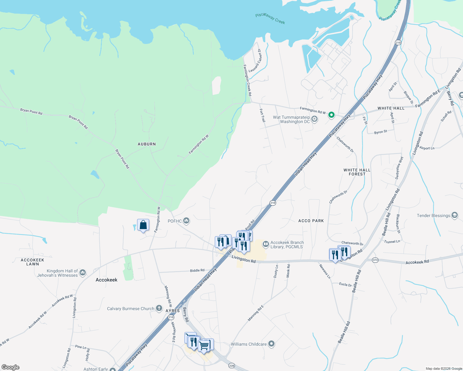 map of restaurants, bars, coffee shops, grocery stores, and more near 15320 Main Boulevard in Accokeek