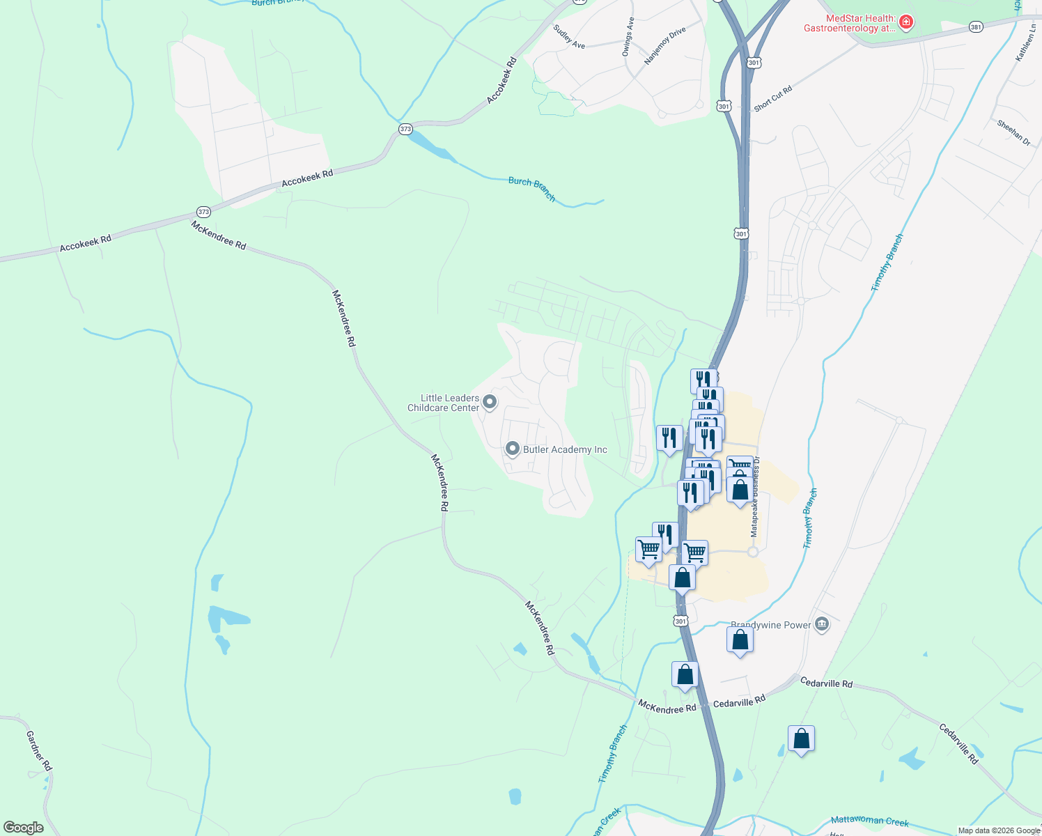 map of restaurants, bars, coffee shops, grocery stores, and more near 15407 Gideon Gilpin Street in Brandywine