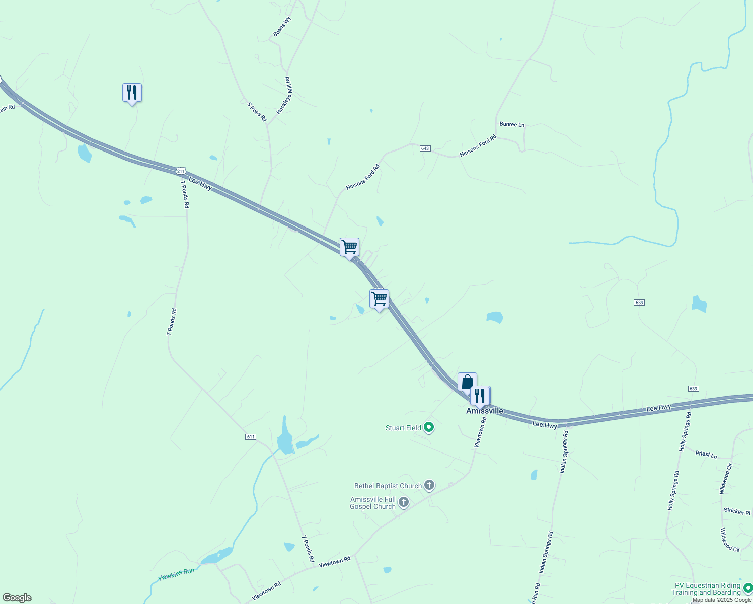 map of restaurants, bars, coffee shops, grocery stores, and more near 32 Dominion Lane in Amissville
