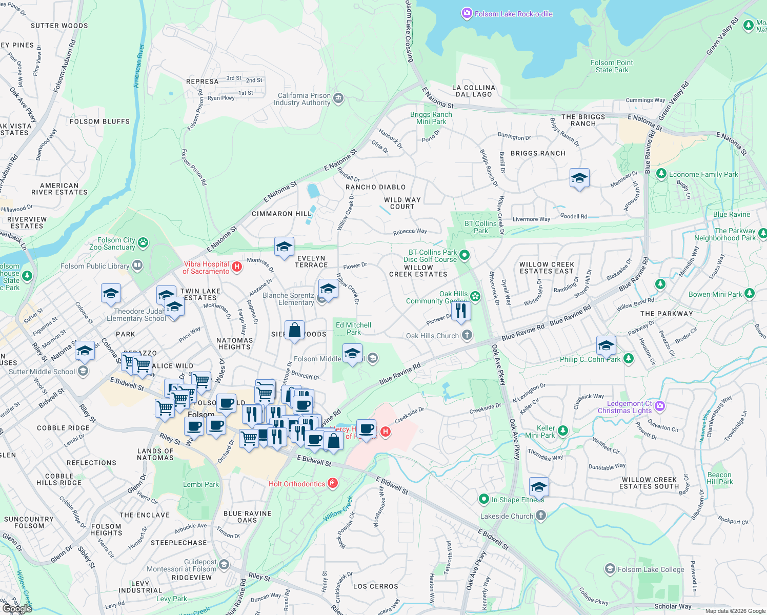 map of restaurants, bars, coffee shops, grocery stores, and more near 108 Wilson Court in Folsom