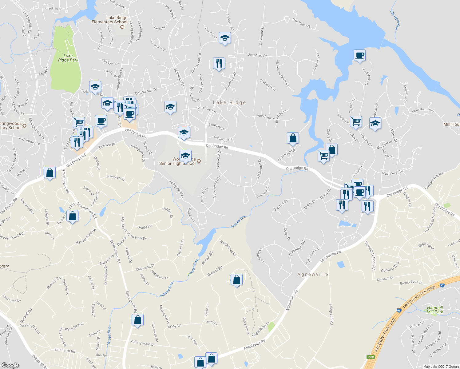 map of restaurants, bars, coffee shops, grocery stores, and more near 12610 Oakwood Drive in Woodbridge