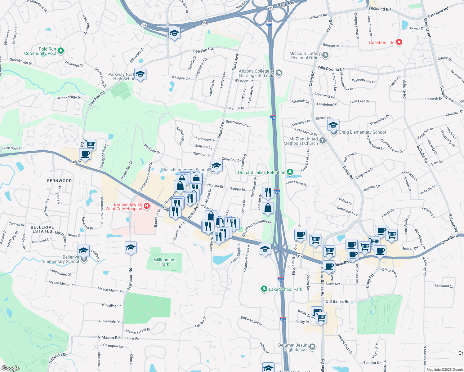 map of restaurants, bars, coffee shops, grocery stores, and more near 12325 Tempo Drive in Saint Louis
