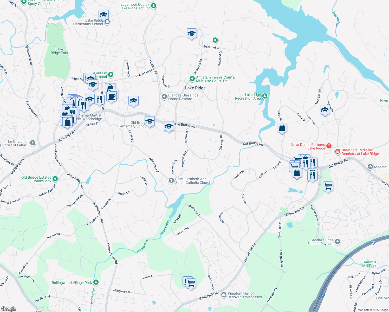 map of restaurants, bars, coffee shops, grocery stores, and more near 12608 Oakwood Drive in Woodbridge