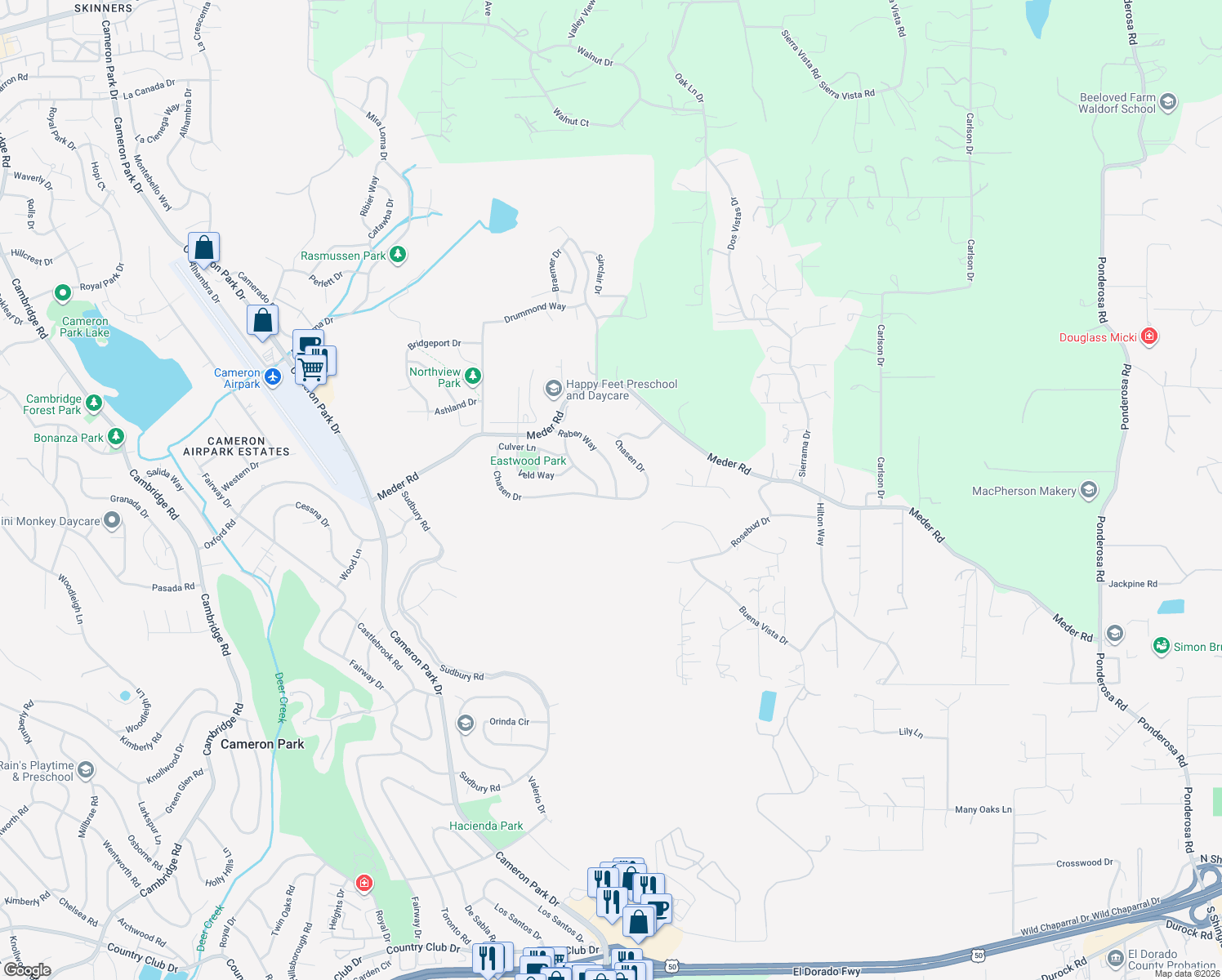 map of restaurants, bars, coffee shops, grocery stores, and more near 3318 Chasen Drive in Cameron Park