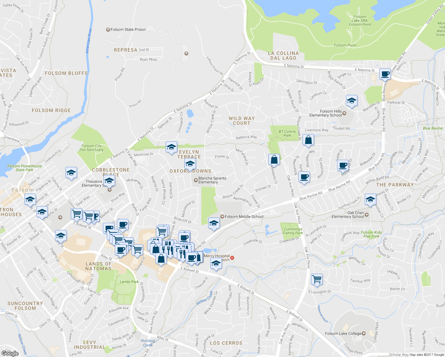 map of restaurants, bars, coffee shops, grocery stores, and more near 124 Johnston Court in Folsom