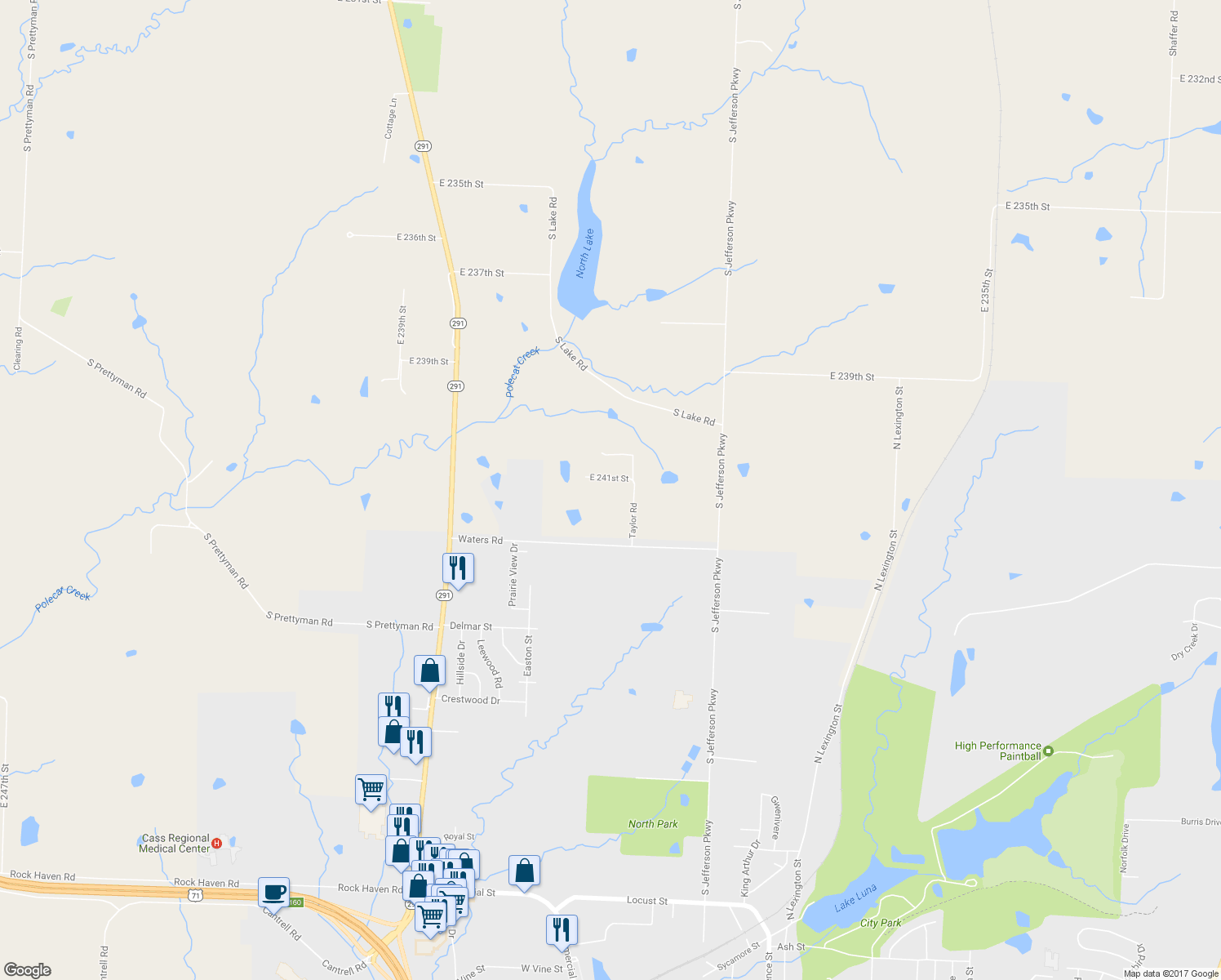 map of restaurants, bars, coffee shops, grocery stores, and more near 20607 East 241st Street in Harrisonville