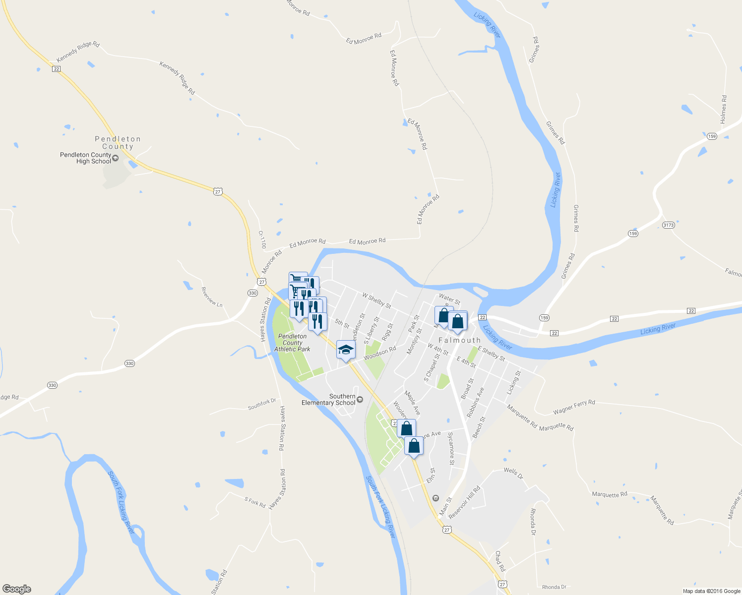 map of restaurants, bars, coffee shops, grocery stores, and more near 901 W Shelby St in Falmouth