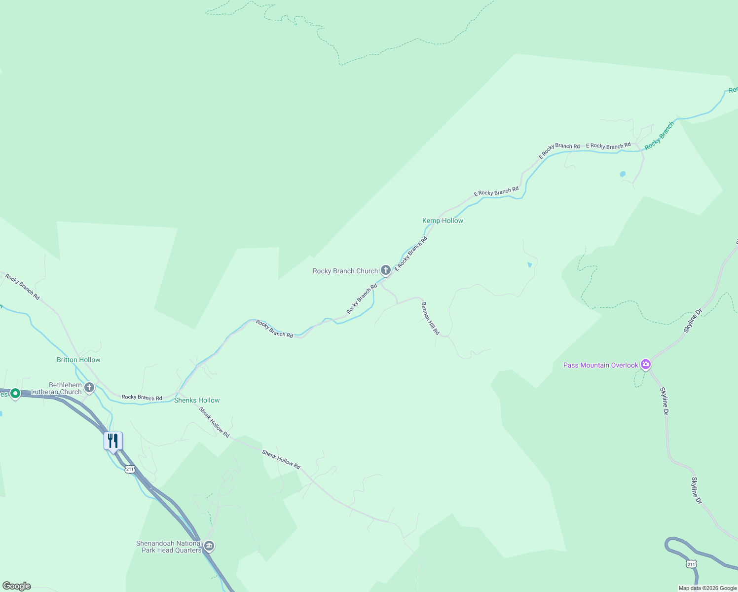 map of restaurants, bars, coffee shops, grocery stores, and more near 2800 East Rocky Branch Road in Luray