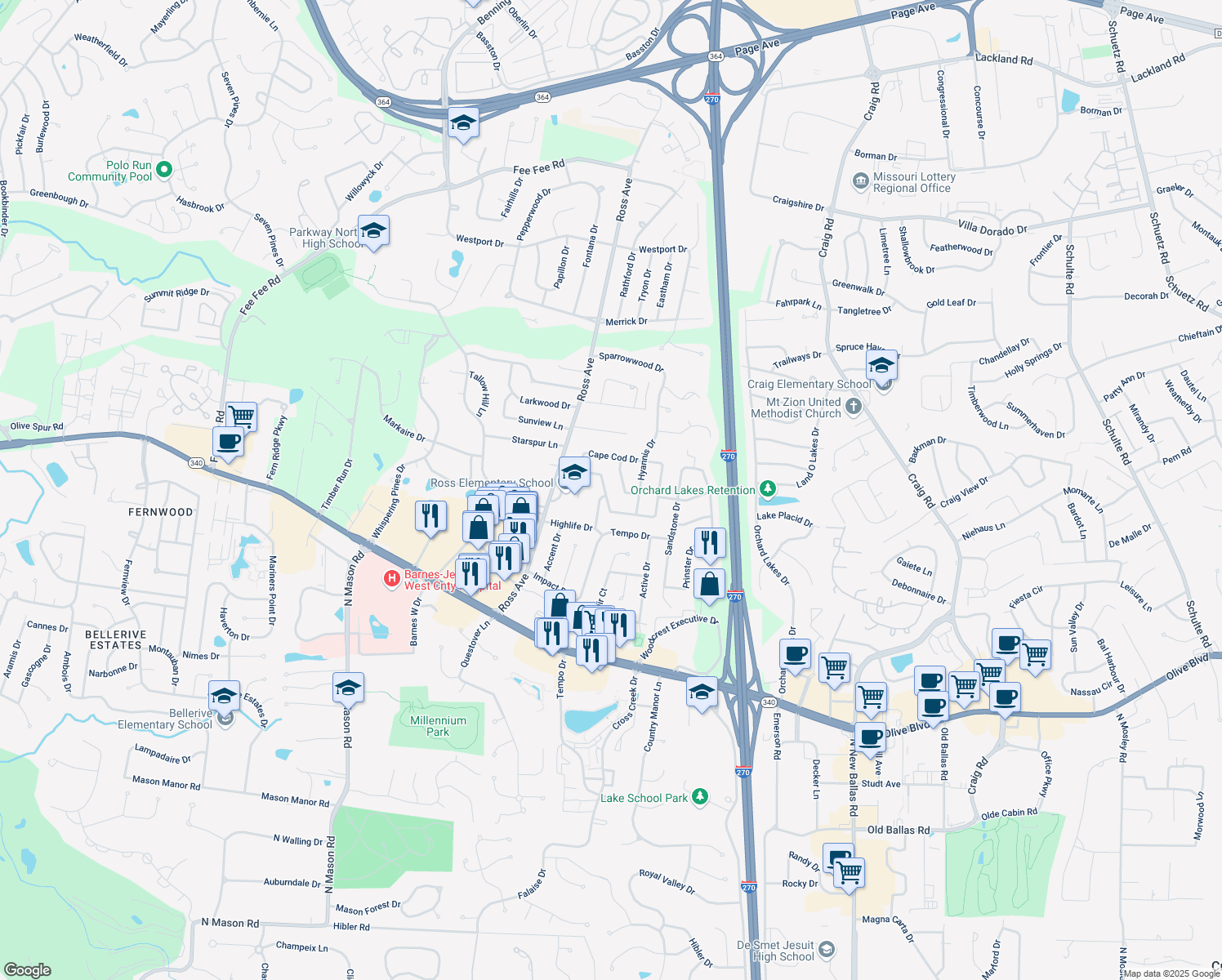 map of restaurants, bars, coffee shops, grocery stores, and more near 12401 Betsy Ross Lane in Saint Louis