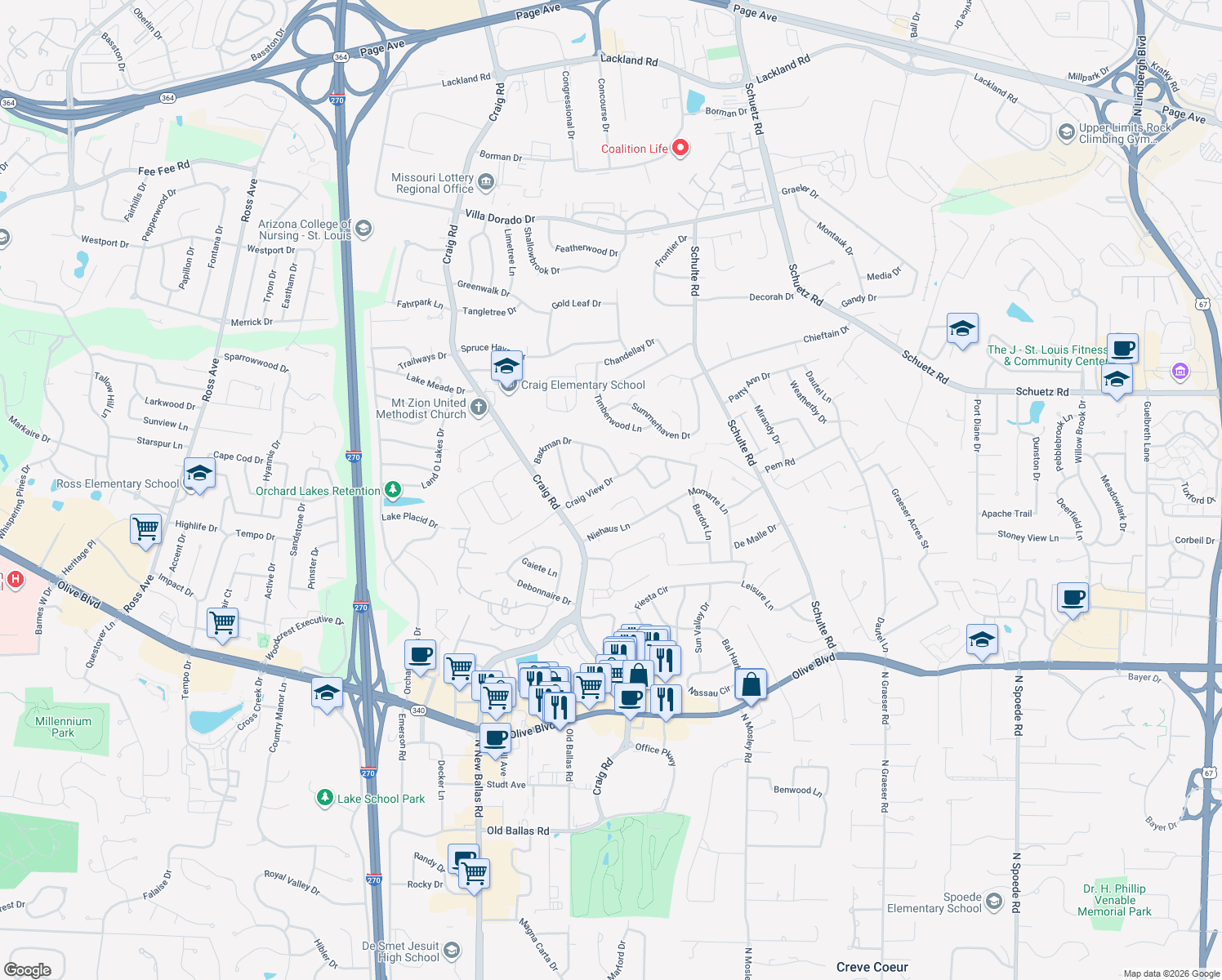 map of restaurants, bars, coffee shops, grocery stores, and more near 11912 Craig View Dr in St Louis