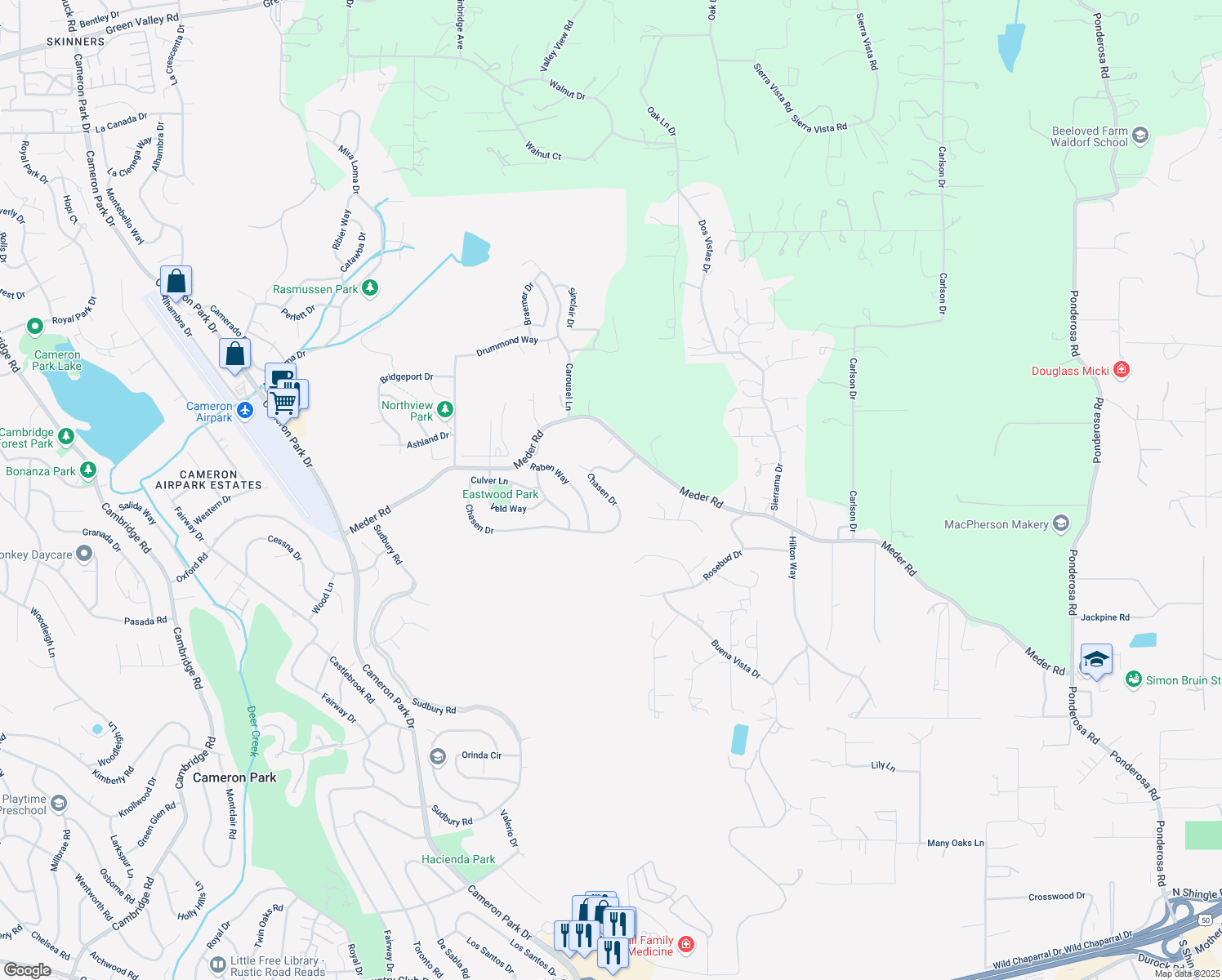 map of restaurants, bars, coffee shops, grocery stores, and more near 3233 Chasen Drive in Cameron Park