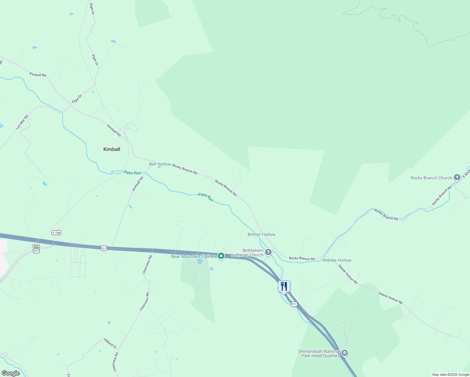 map of restaurants, bars, coffee shops, grocery stores, and more near 807 Rocky Branch Road in Luray