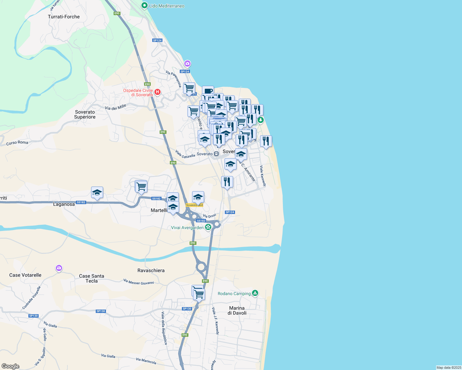 map of restaurants, bars, coffee shops, grocery stores, and more near 19 Viale Stazione in Soverato