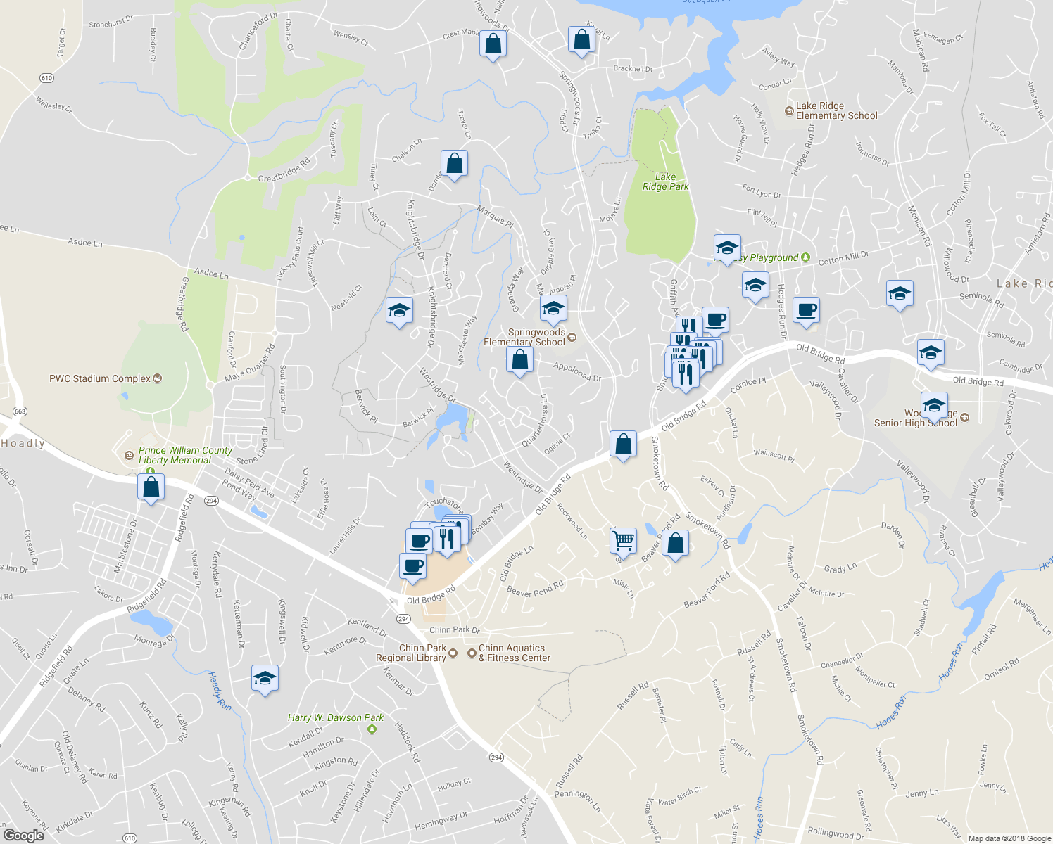 map of restaurants, bars, coffee shops, grocery stores, and more near 4044 Chetham Way in Woodbridge