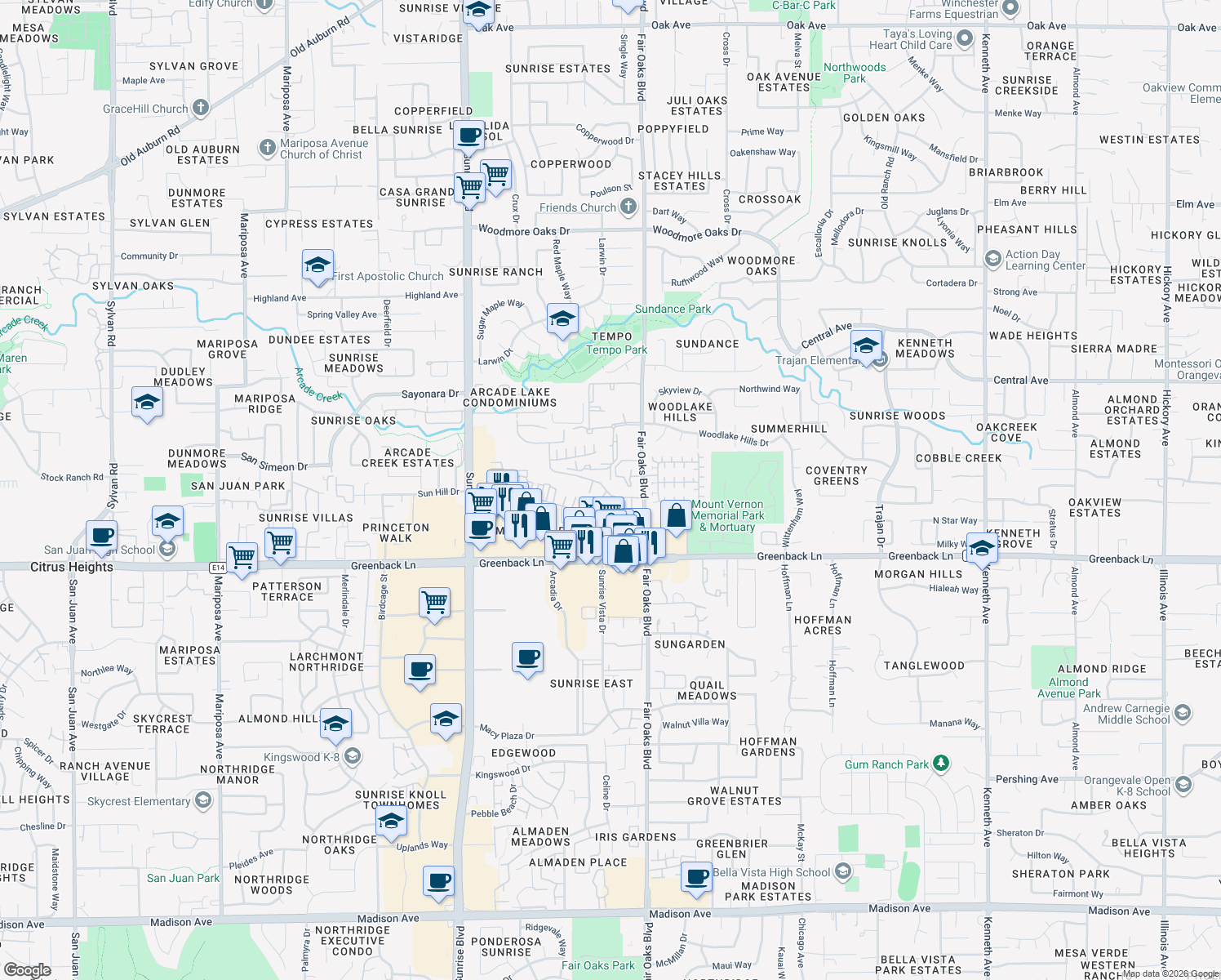 map of restaurants, bars, coffee shops, grocery stores, and more near 12625 Fair Oaks Boulevard in Citrus Heights