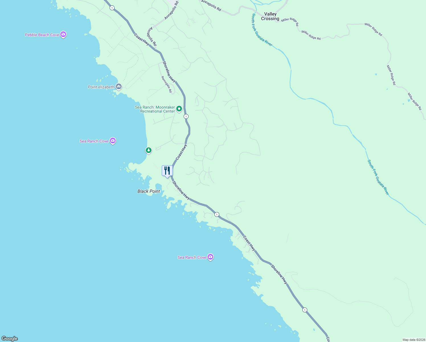 map of restaurants, bars, coffee shops, grocery stores, and more near 135 Larkspur Close in Sea Ranch