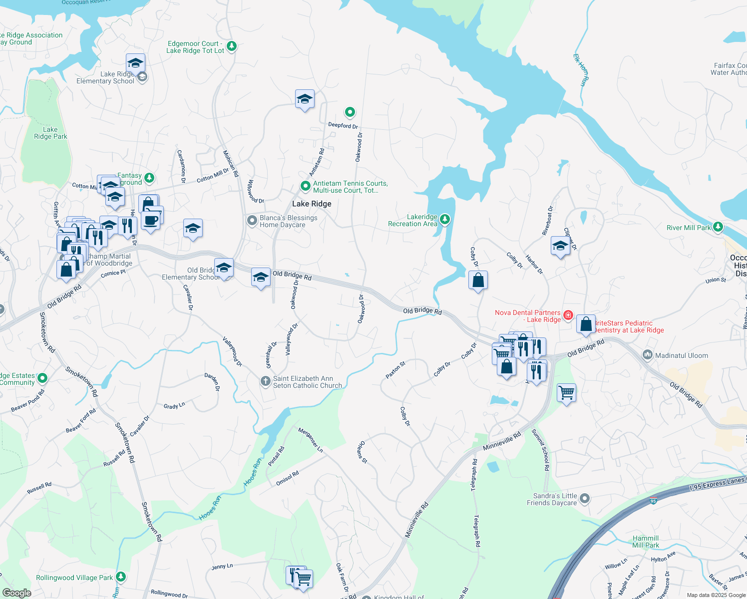 map of restaurants, bars, coffee shops, grocery stores, and more near 2684 Seville Cir in Woodbridge