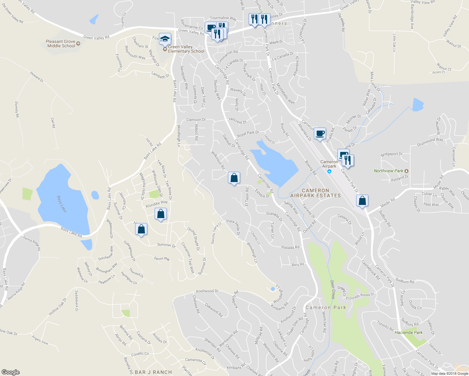 map of restaurants, bars, coffee shops, grocery stores, and more near 3110 Wilkinson Road in Cameron Park