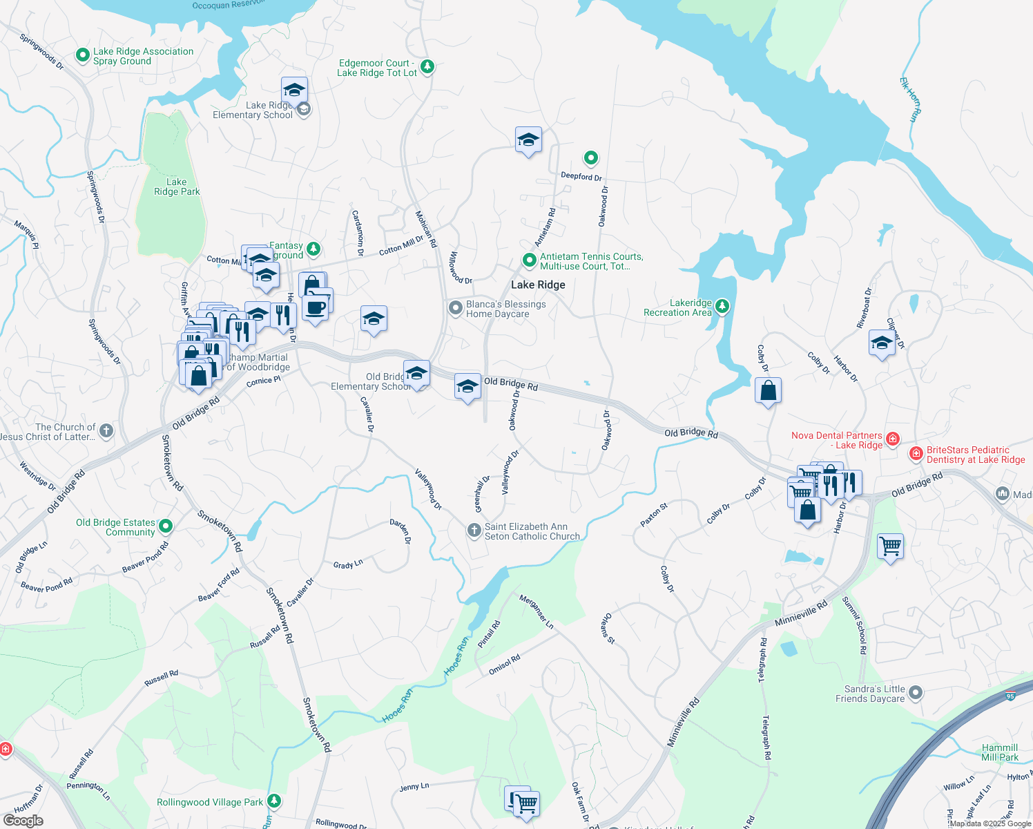 map of restaurants, bars, coffee shops, grocery stores, and more near 12517 Oakwood Drive in Woodbridge