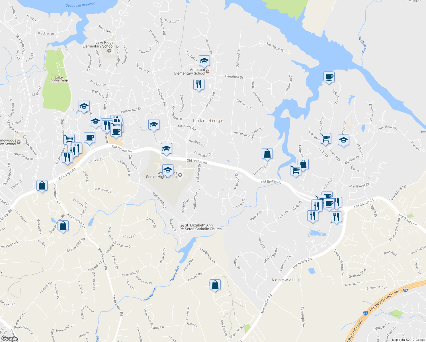 map of restaurants, bars, coffee shops, grocery stores, and more near 2881 Cedar Crest Court in Woodbridge