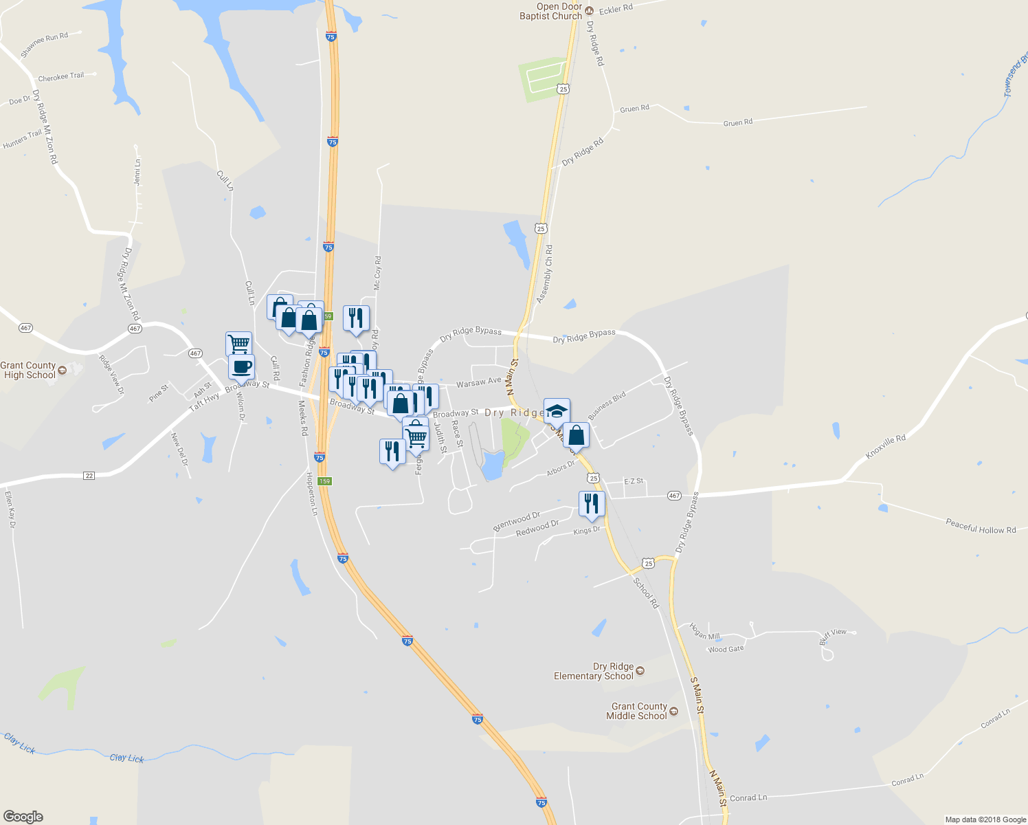 map of restaurants, bars, coffee shops, grocery stores, and more near in Dry Ridge