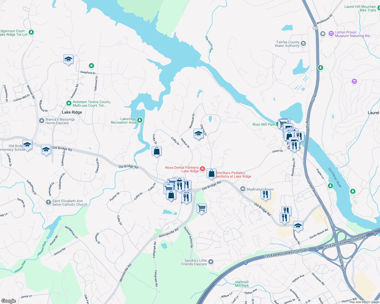 map of restaurants, bars, coffee shops, grocery stores, and more near 12602 Harbor Drive in Woodbridge