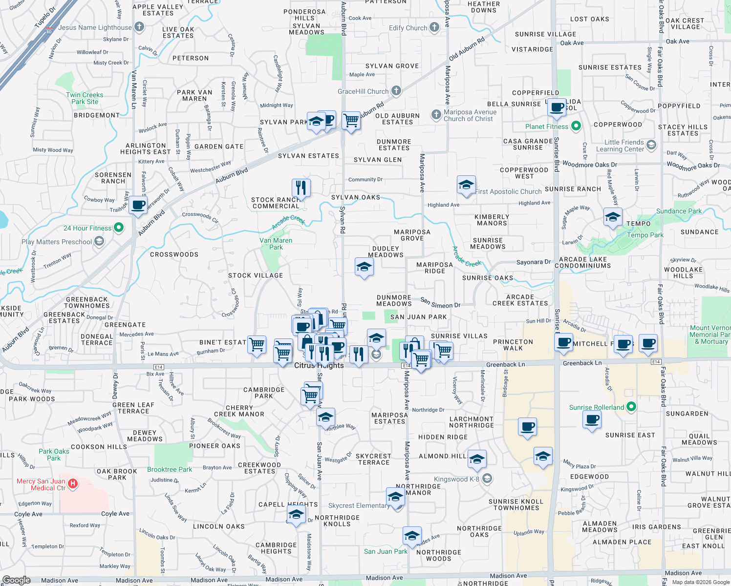 map of restaurants, bars, coffee shops, grocery stores, and more near 6444 Sylvan Road in Citrus Heights