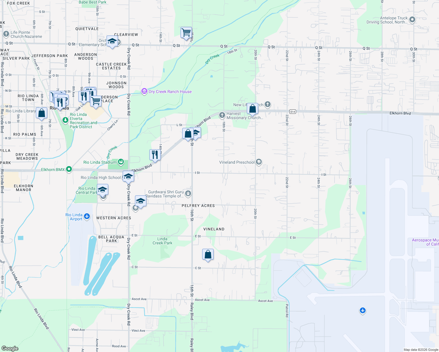 map of restaurants, bars, coffee shops, grocery stores, and more near 1720 I Street in Rio Linda