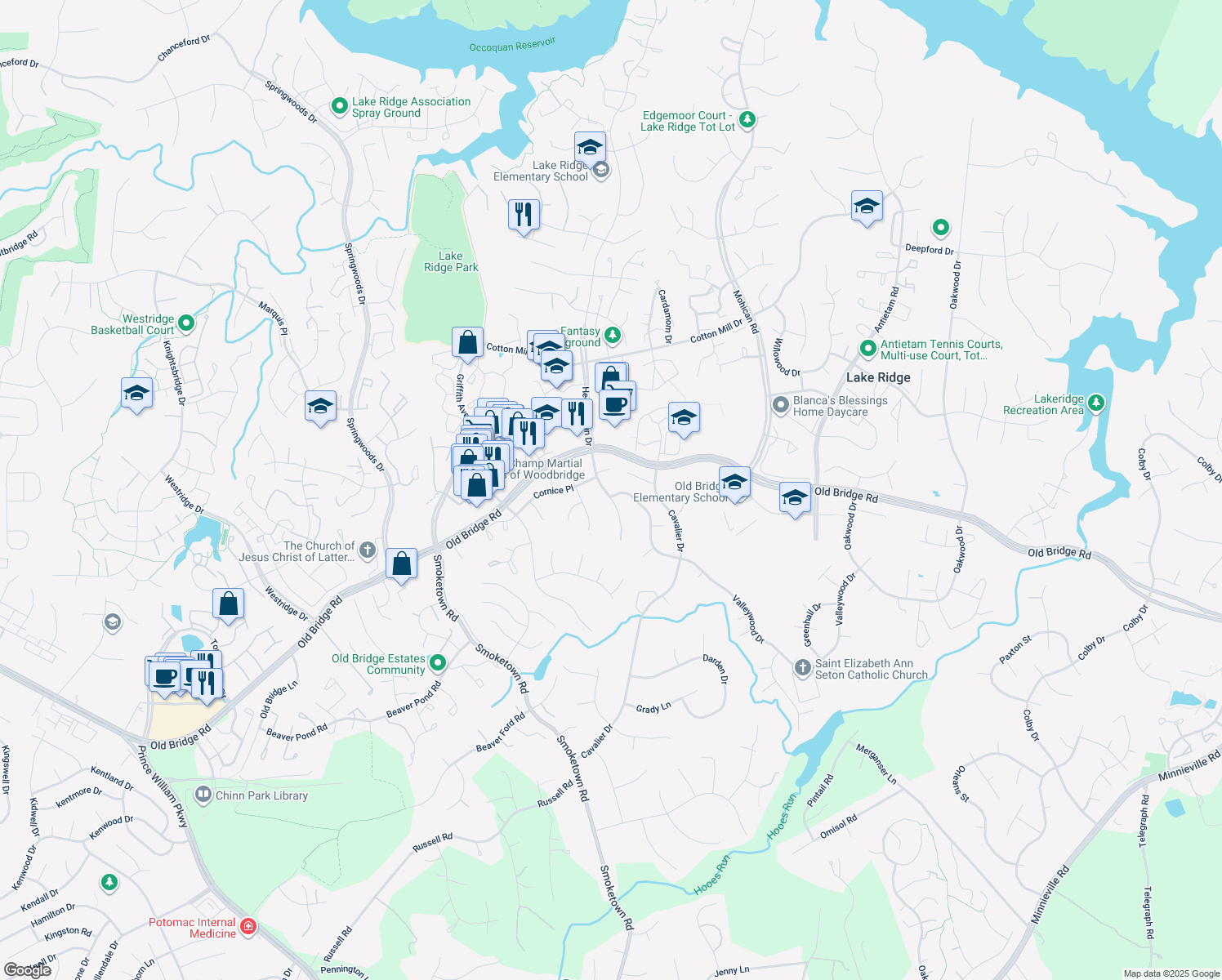 map of restaurants, bars, coffee shops, grocery stores, and more near 12497 Hedges Run Drive in Woodbridge