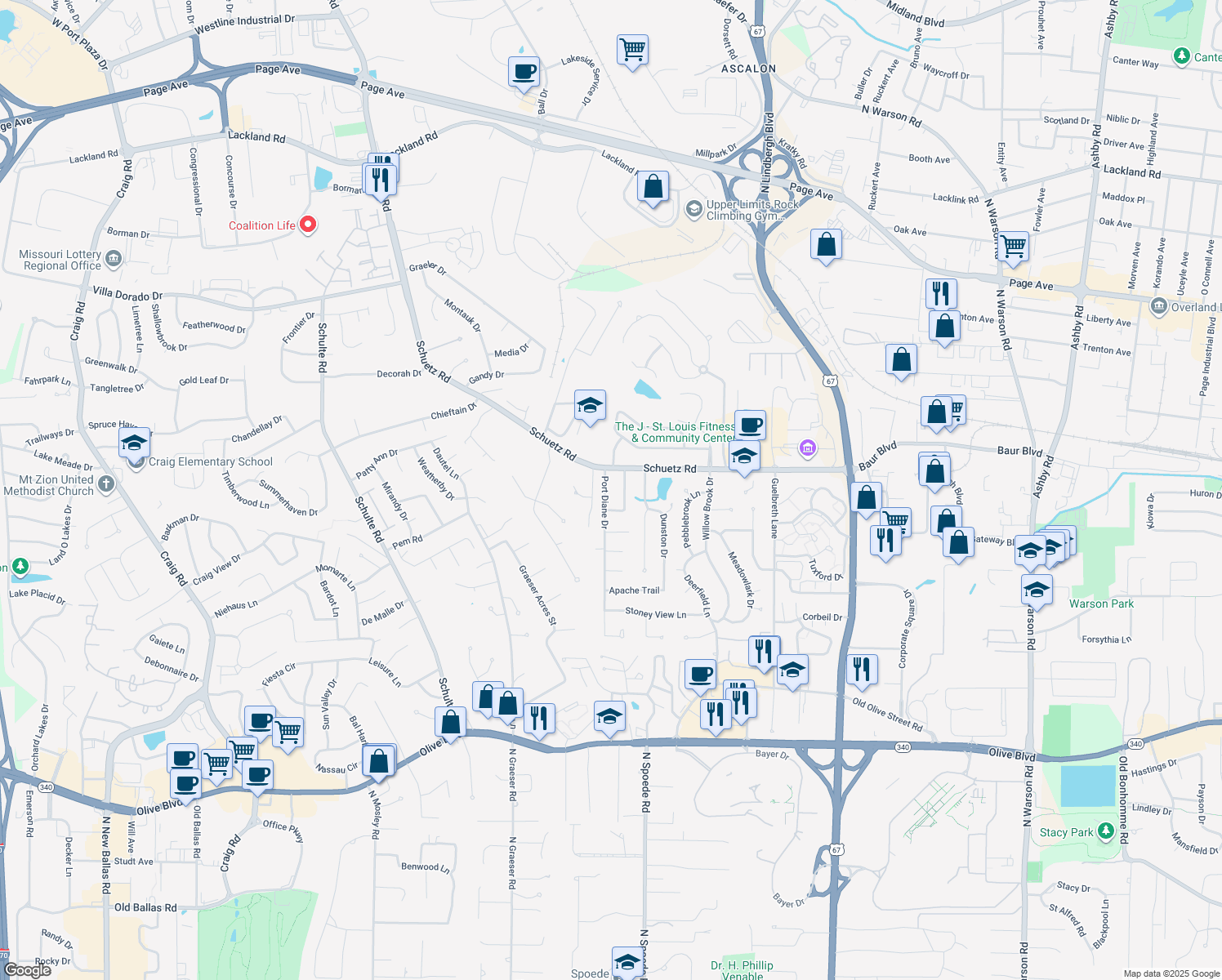 map of restaurants, bars, coffee shops, grocery stores, and more near 1234 Port Diane Drive in Saint Louis