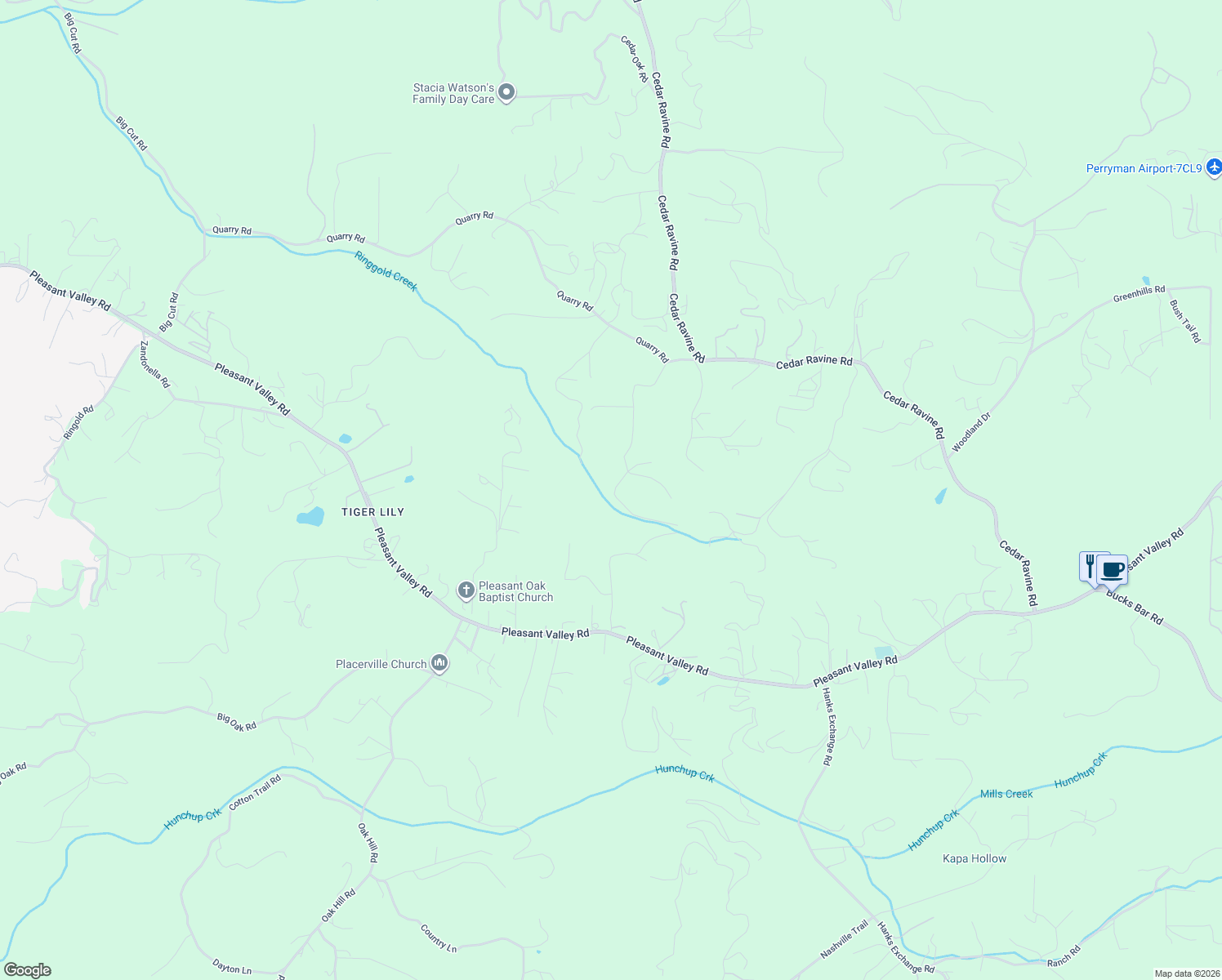 map of restaurants, bars, coffee shops, grocery stores, and more near 4578 Pretty Good Road in Placerville