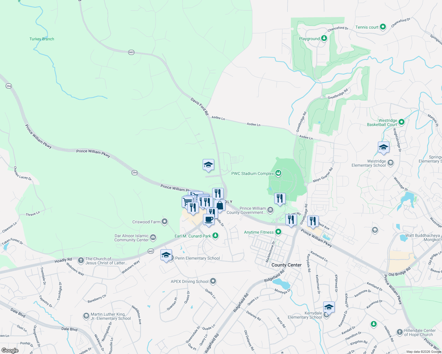 map of restaurants, bars, coffee shops, grocery stores, and more near 5022 Davis Ford Road in Woodbridge