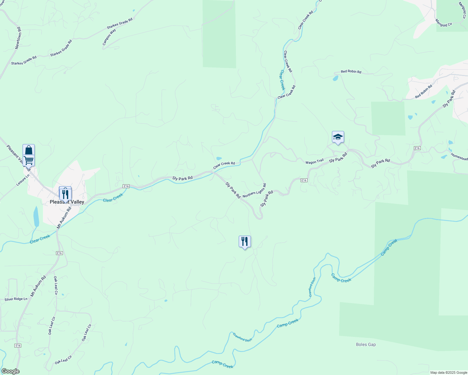 map of restaurants, bars, coffee shops, grocery stores, and more near 7220 Sly Park Road in Placerville