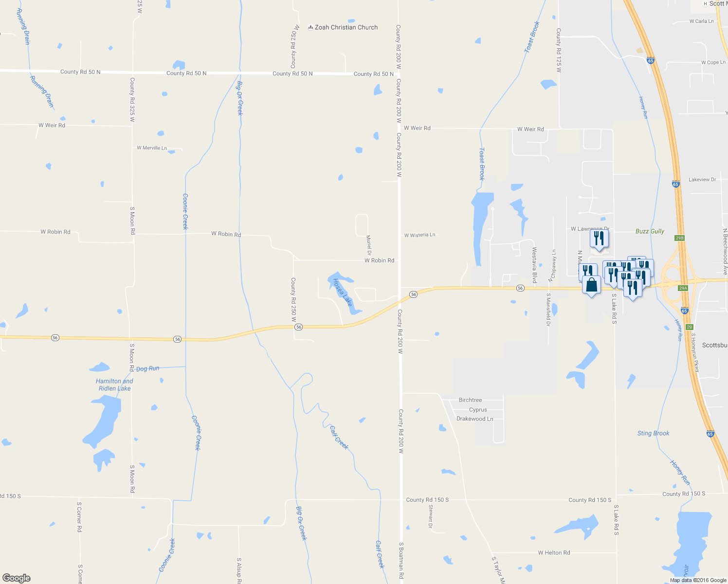 map of restaurants, bars, coffee shops, grocery stores, and more near 2230 West Bobwhite Drive in Scottsburg
