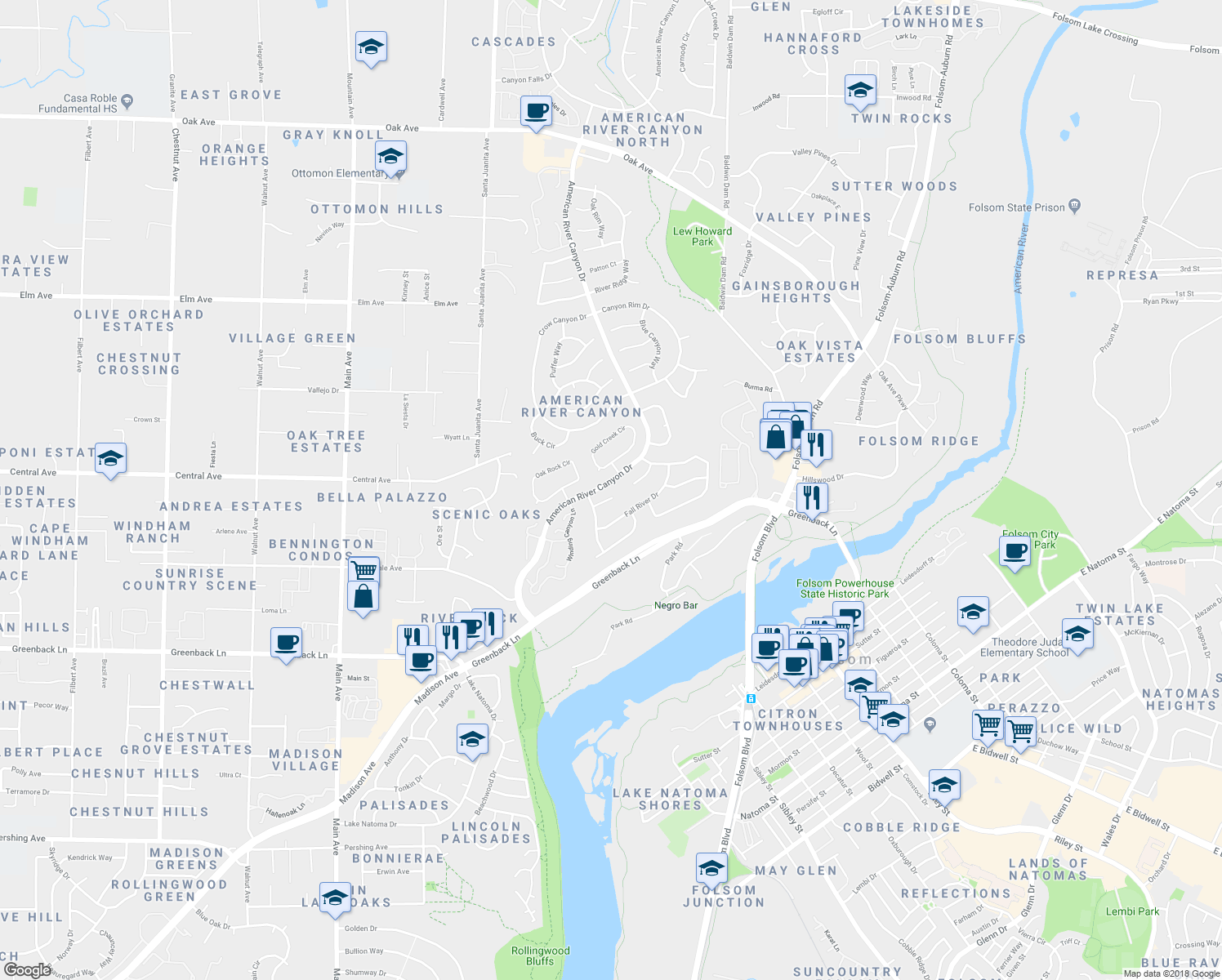map of restaurants, bars, coffee shops, grocery stores, and more near 131 Perry Court in Folsom