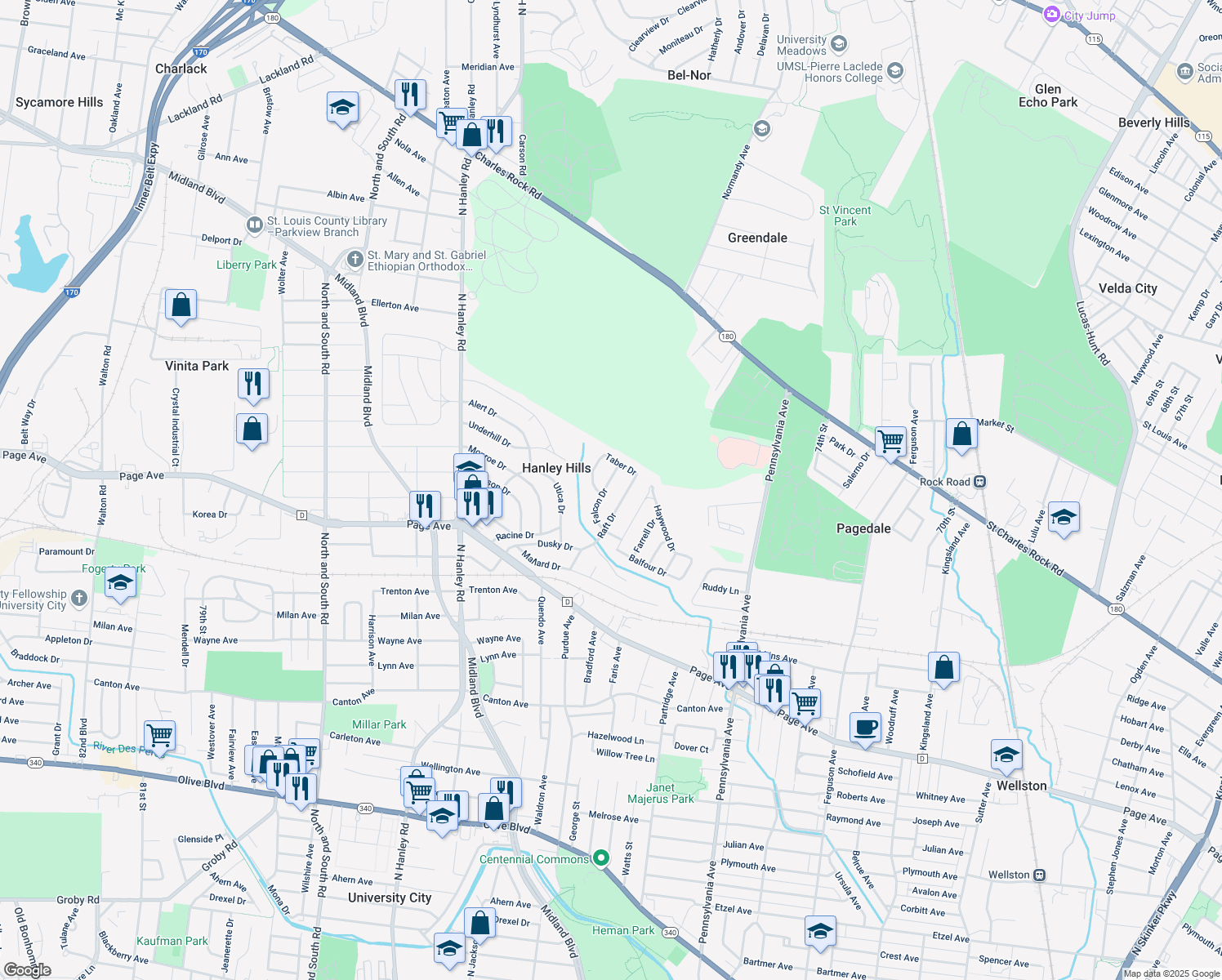 map of restaurants, bars, coffee shops, grocery stores, and more near 2004 Falcon Dr in St Louis