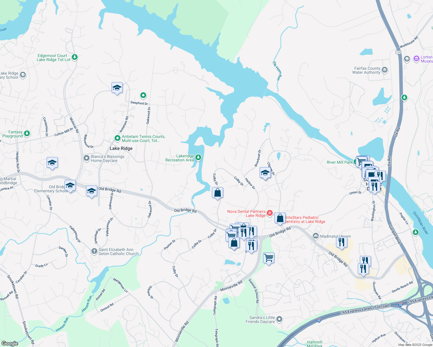 map of restaurants, bars, coffee shops, grocery stores, and more near 12403 Colby Drive in Woodbridge